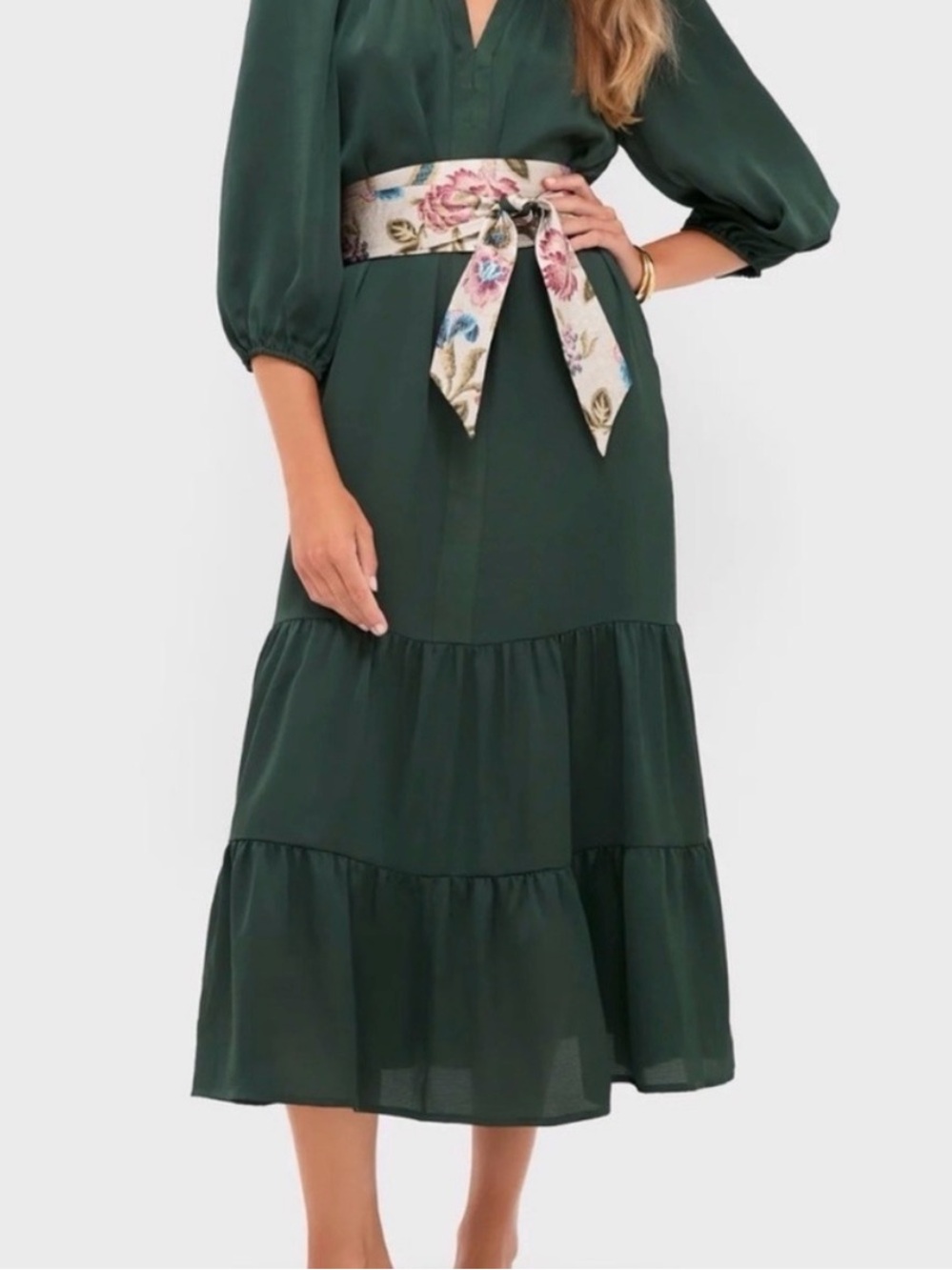 Tuckernuck Lyles Dress - Dark Green Midi Dress with Floral Sash - NWT - Size XS